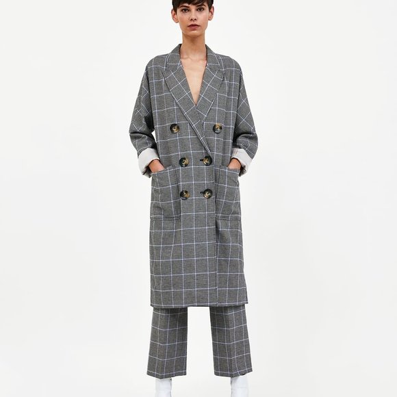 Zara Longline Check Houndstooth Plaid Double Breasted Coat NWT - Picture 3 of 6